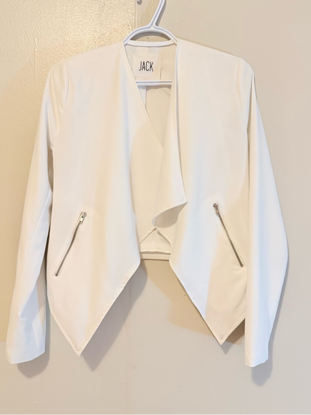 Jack by BB Dakota Cream Draped Open-Front Blazer with Silver Zips